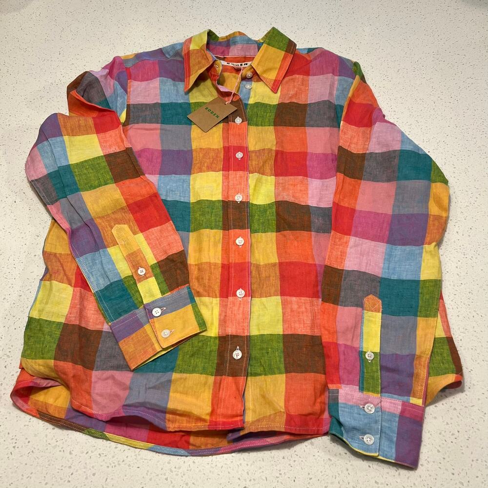 NWT Boden Sienna Rainbow Gingham Linen Button Down Shirt US 12